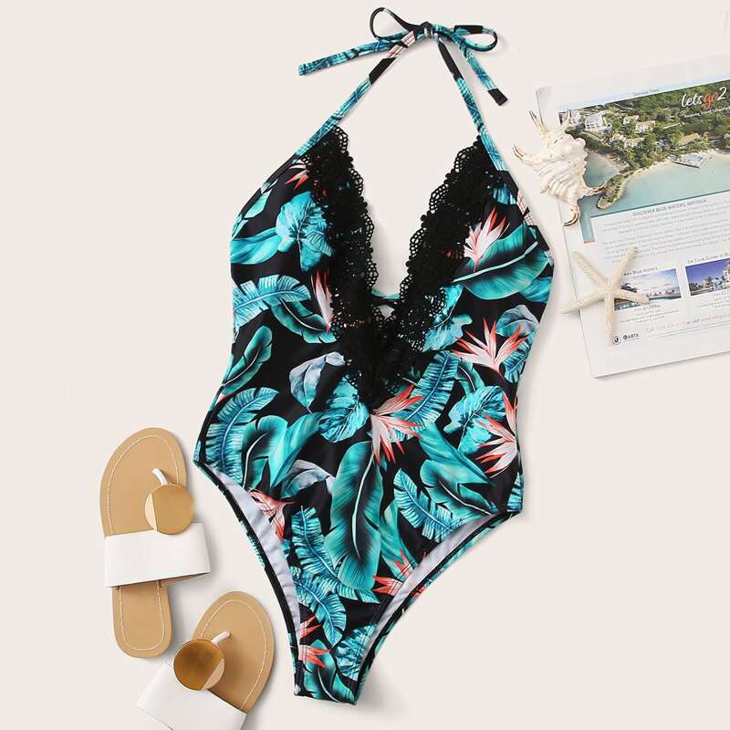 

Tropical Print Lace Appliques One Piece Swimsuit, Multicolor