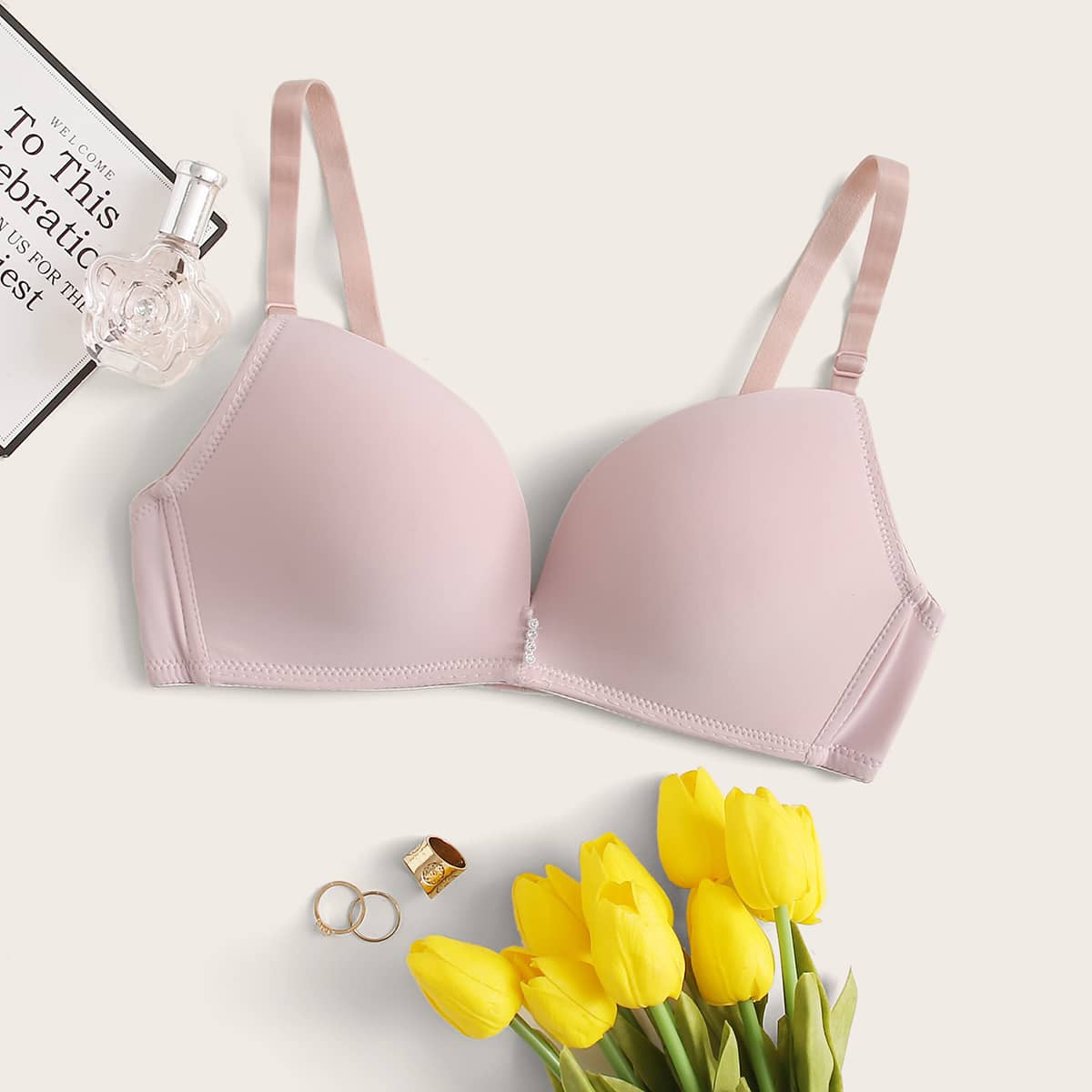 

Solid Adjustable Strap Bra, Pink pastel