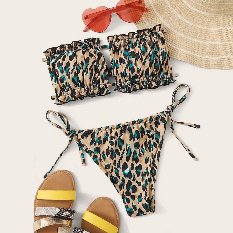 

Frill Trim Bandeau Tie Side Bikini Swimsuit, Multicolor