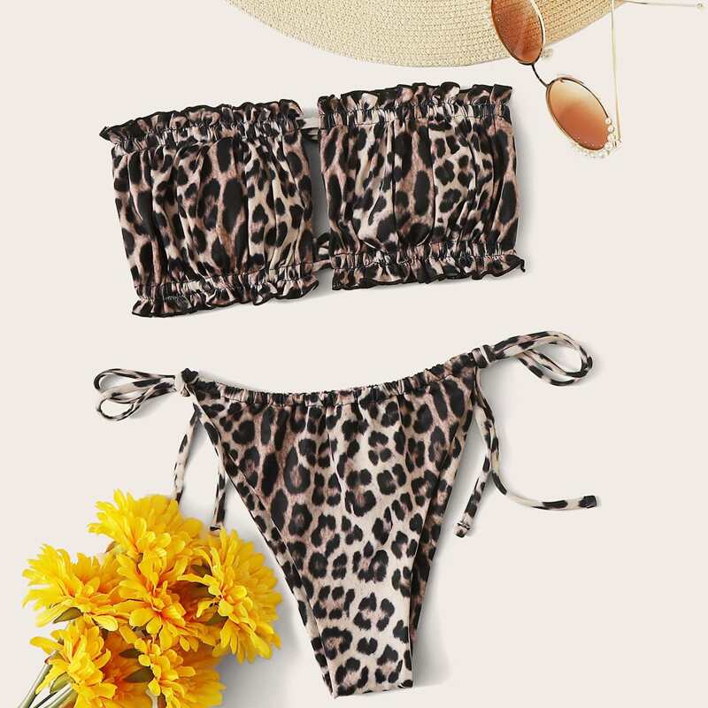 

Leopard Tie Front Frilled Bandeau Bikini Swimsuit, Black