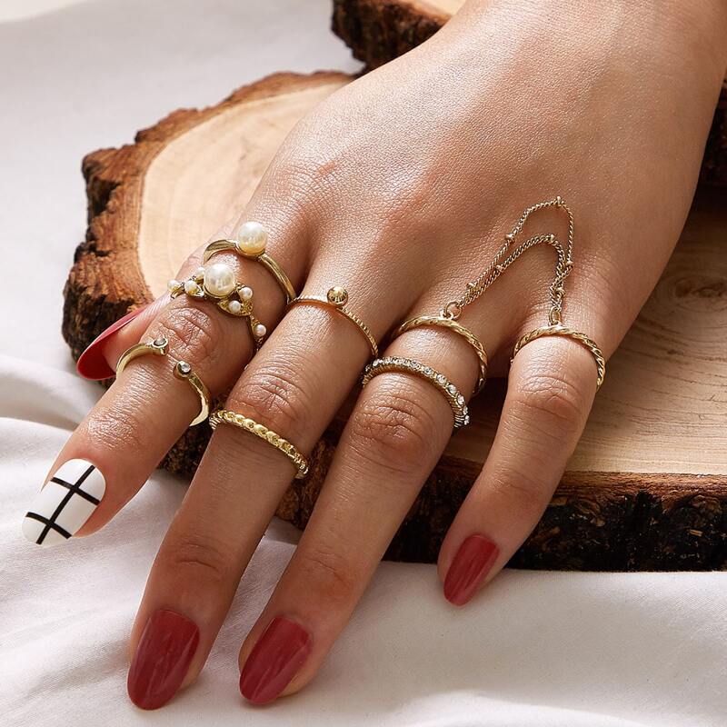 

7pcs Rhinestone Decor & Faux Pearl Decor Ring, Gold