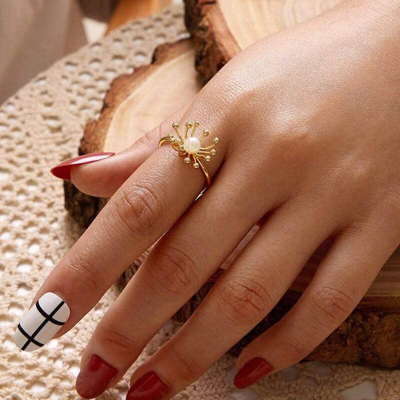 

1pc Faux Pearl Decor Ring, Gold