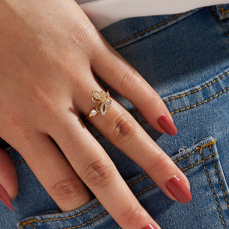 

1pc Rhinestone Engraved Butterfly Decor Cuff Ring, Gold