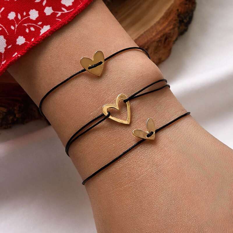 

3pcs Heart Decor Bracelet, Black
