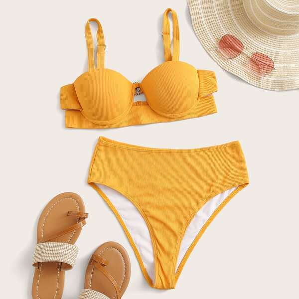 

Rib Underwire High Waisted Bikini Swimsuit, Yellow