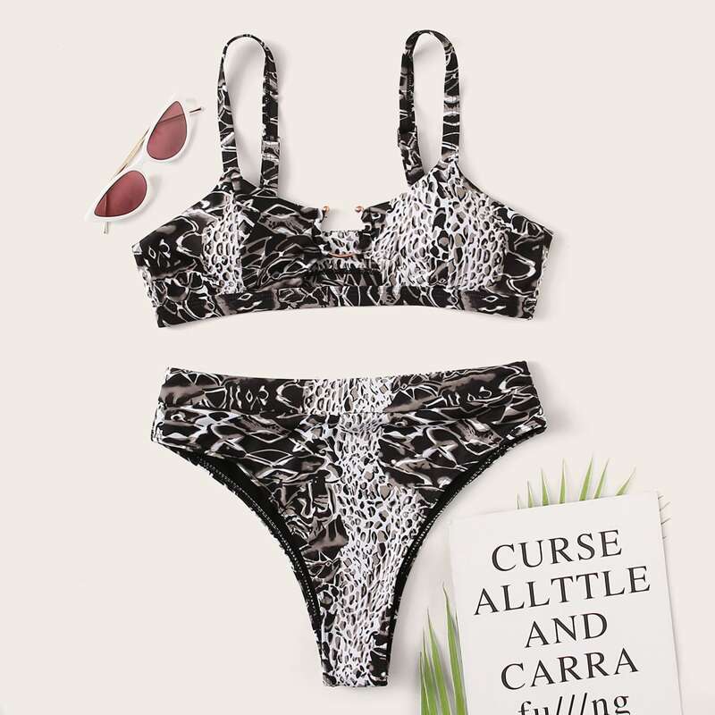 

Contrast Leopard Ring Linked Bikini Swimsuit, Multicolor