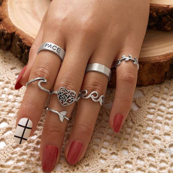 

7pcs Heart & Hollow Out Decor Ring, Silver