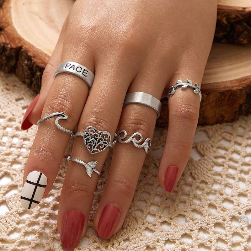 

7pcs Heart & Hollow Out Decor Ring, Silver