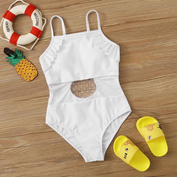 

Girls Contrast Mesh Ruffle Trim One Piece Swimwear, White