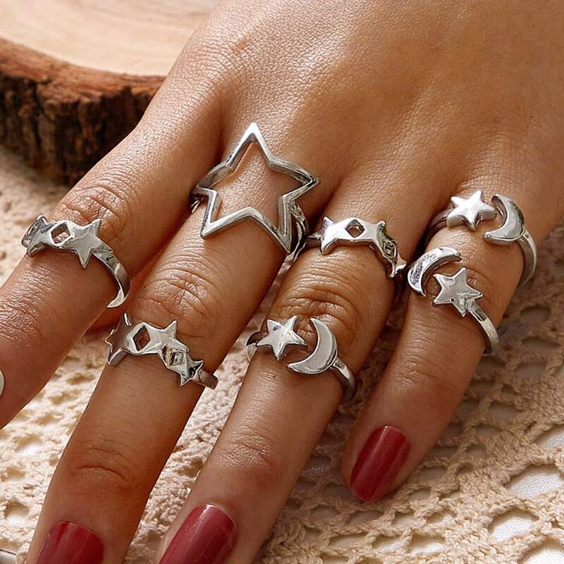 

7pcs Moon & Star Decor Ring, Silver