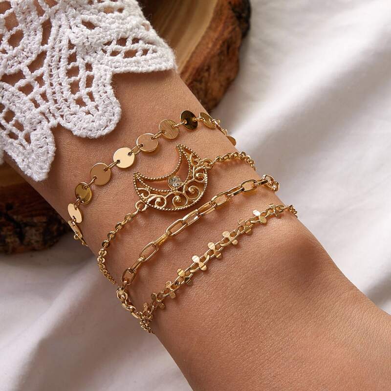 

4pcs Rhinestone Engraved Moon Shaped Bracelet, Gold