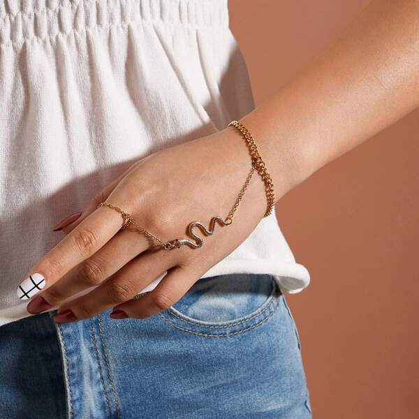 

1pc Serpentine Decor Bracelet With Chain Ring, Gold