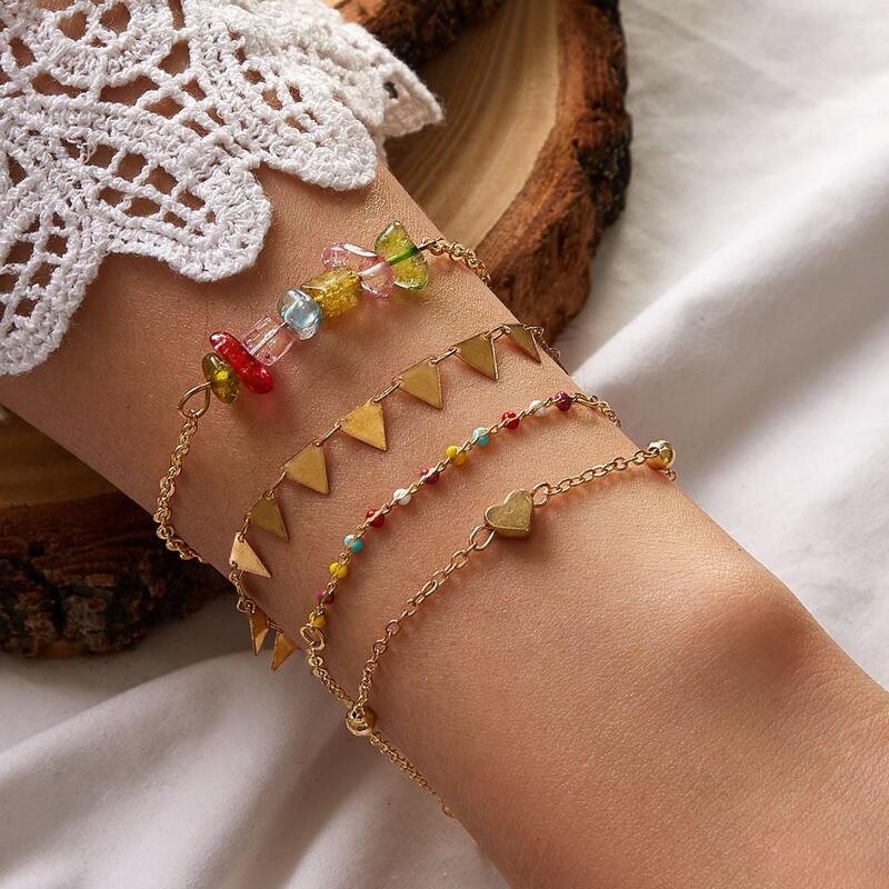

4pcs Heart & Triangle Disc Charm Chain Bracelet, Gold