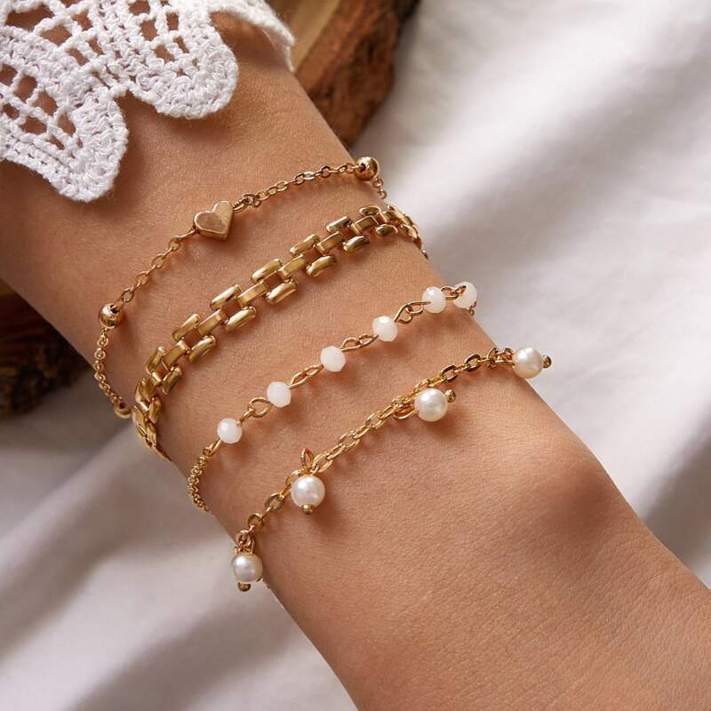 

4pcs Faux Pearl & Heart Decor Chain Bracelet, Gold