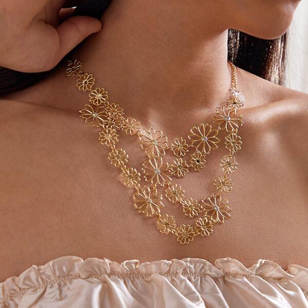 

1pc Hollow Out Floral Decor Necklace, Gold