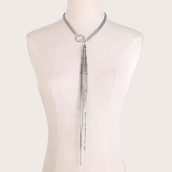 

1pc Metallic Tassel Charm Y Lariat Necklace, Silver