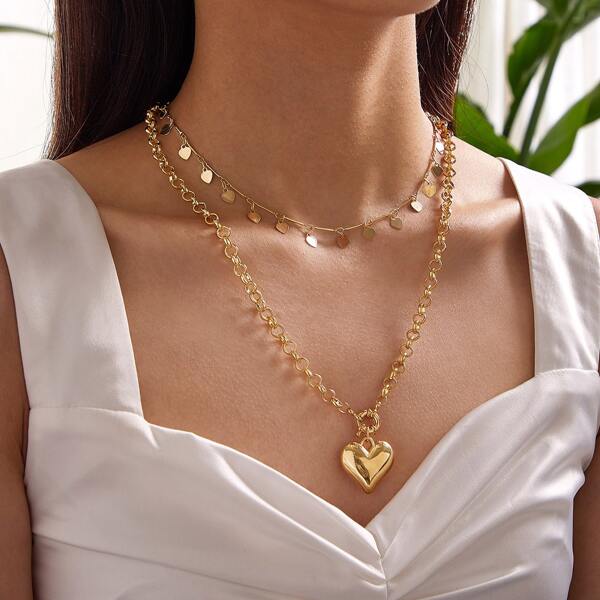 

1pc Heart Charm Layered Chain Necklace, Gold
