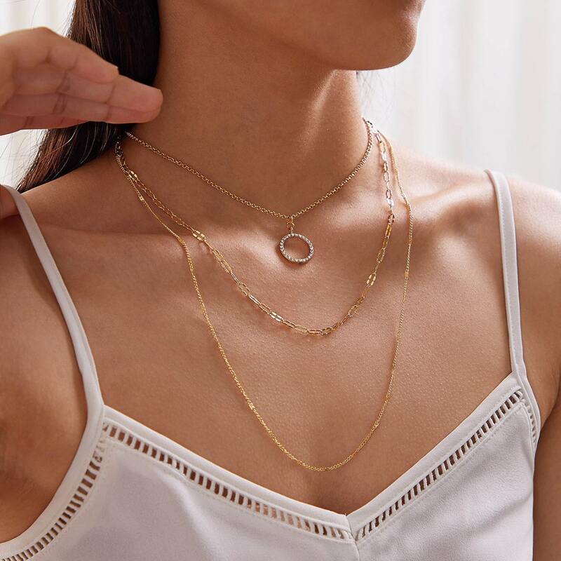 

1pc Round Charm Layered Necklace, Gold