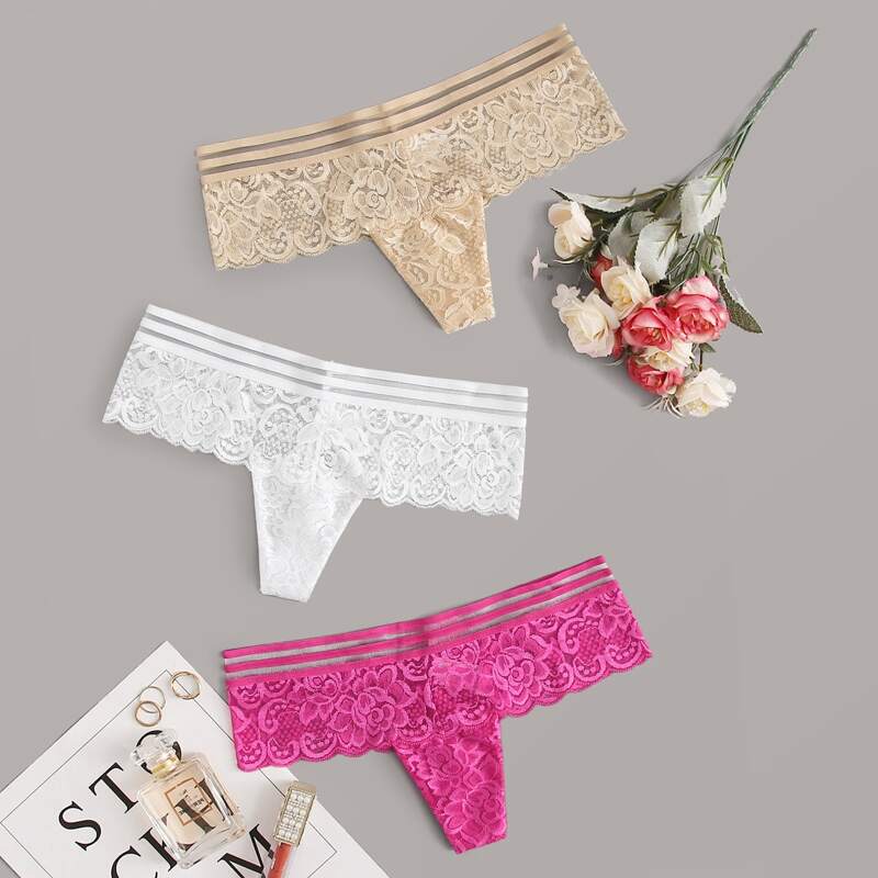 

3pack Striped Mesh Floral Lace Panty Set, Multicolor
