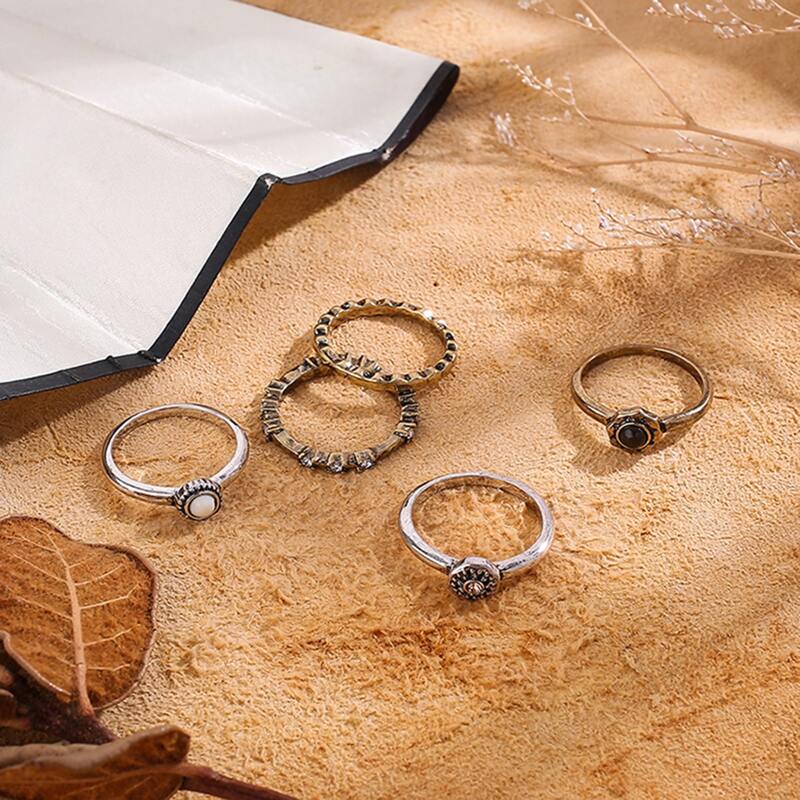 

5pcs Vintage Rhinestone Engraved Ring, Multicolor