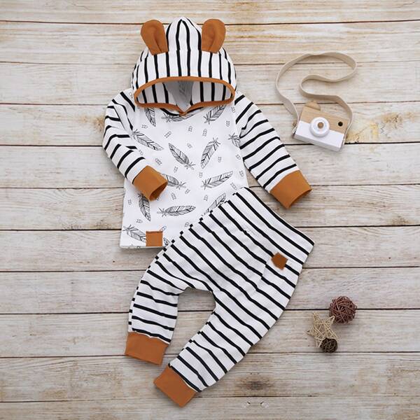 

Toddler Boys Feather Print 3D Ear Design Hoodie & Sweatpants, Multicolor