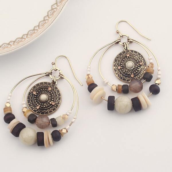 

1pair Tribal Hoop Decor Beaded Drop Earrings, Multicolor