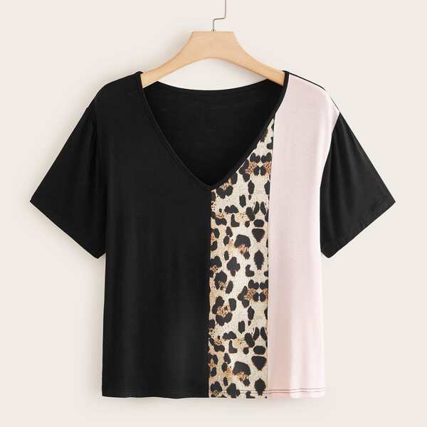 

Plus V Neck Color-block Leopard Tee, Multicolor