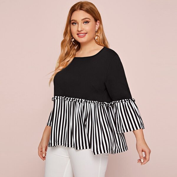 

Plus Frill Trim Stripe Smock Tee, Black and white