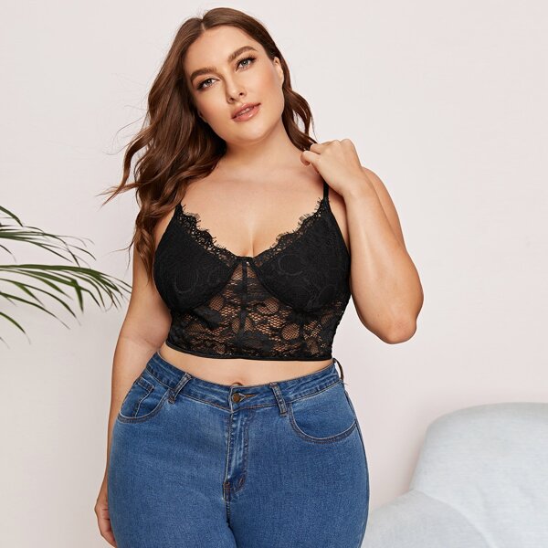 

Plus Floral Lace Longline Bralette, Black