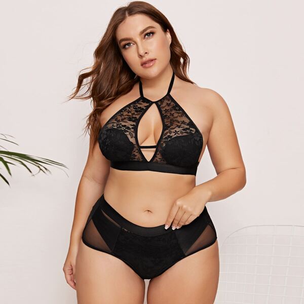 

Plus Contrast Mesh Halter Lingerie Set, Black