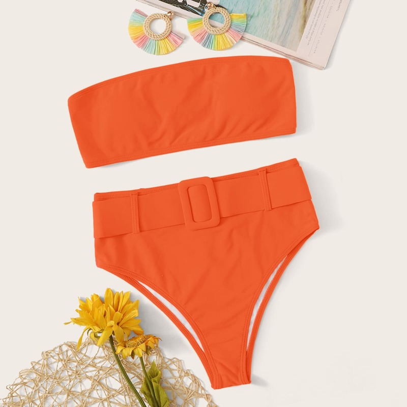 

Solid Bandeau High Waisted Bikini Swimsuit, Orange