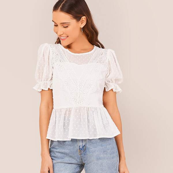 

Guipure Lace Applique Puff Sleeve Swiss Dot Peplum Top, White