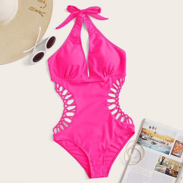 

Neon Pink Cutout Halter One Piece Swimsuit, Pink bright