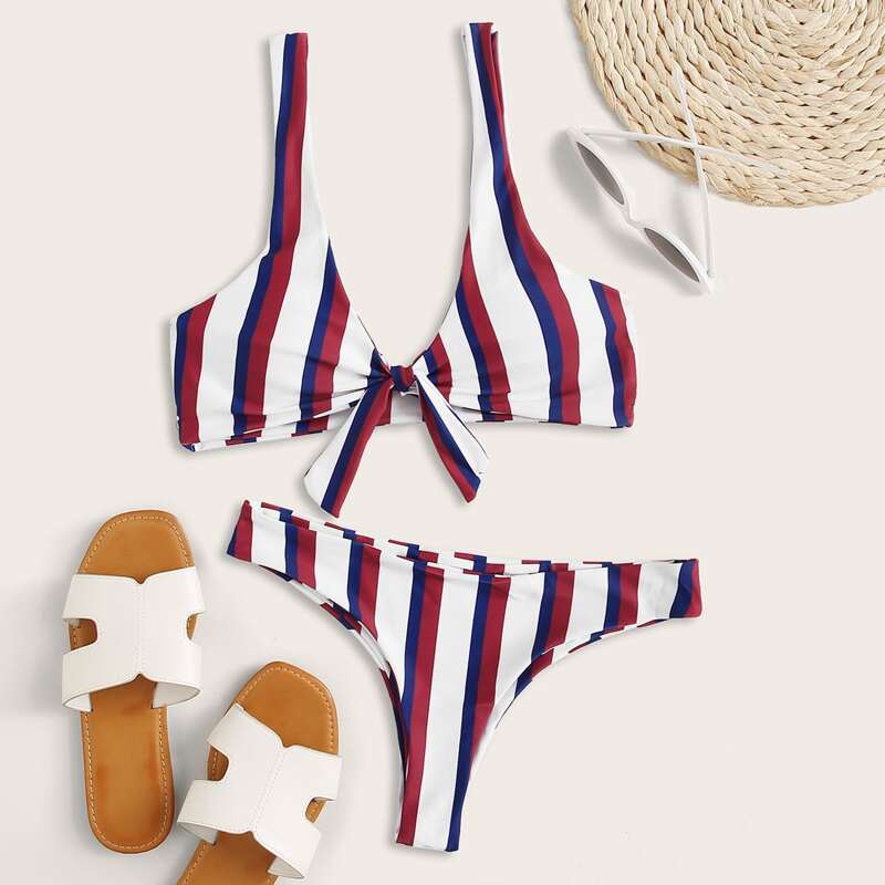 

Striped Knot Front Low Rise Bikini Swimsuit, Multicolor