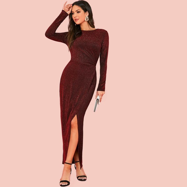 

Glitter Fitted Wrap Dress, Burgundy