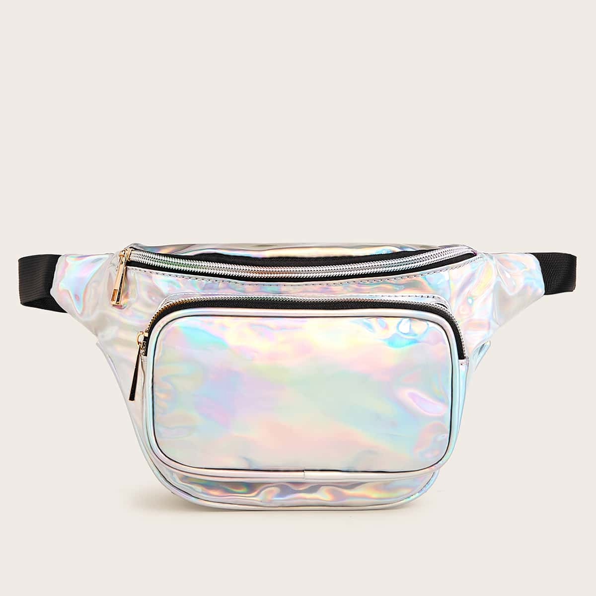 

Holographic Zipper Front Fanny Pack, Silver