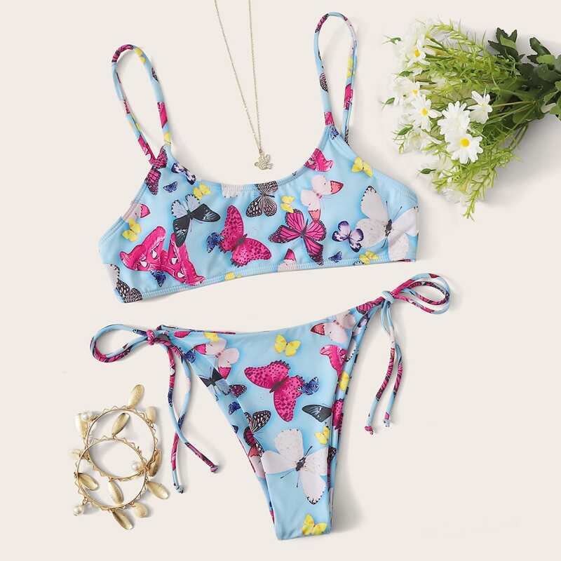 

Butterfly Print Tie Side Bikini Swimsuit, Blue