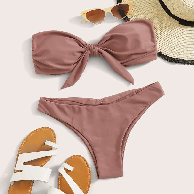 

Tie Front Bandeau Cheeky Bikini Swimsuit, Brown