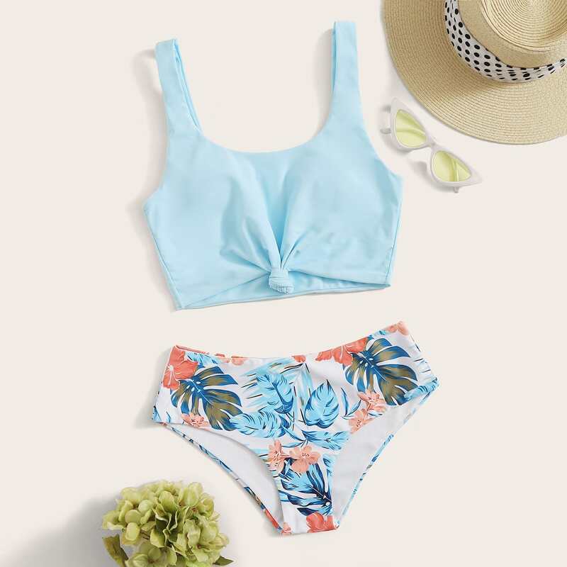 

Tie Front Random Tropical Bikini Swimsuit, Blue