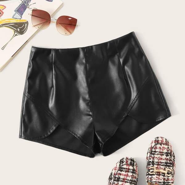 

Asymmetrical Hem Leather Look Shorts, Black