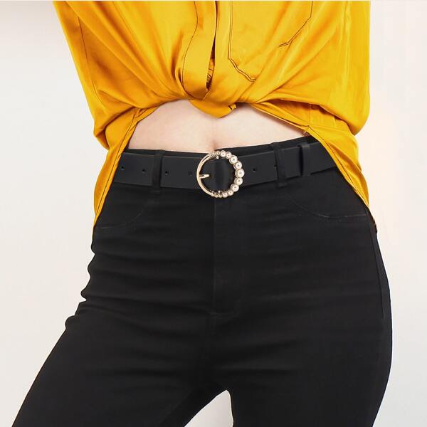 

Faux Pearl Decor PU Buckle Belt, Black