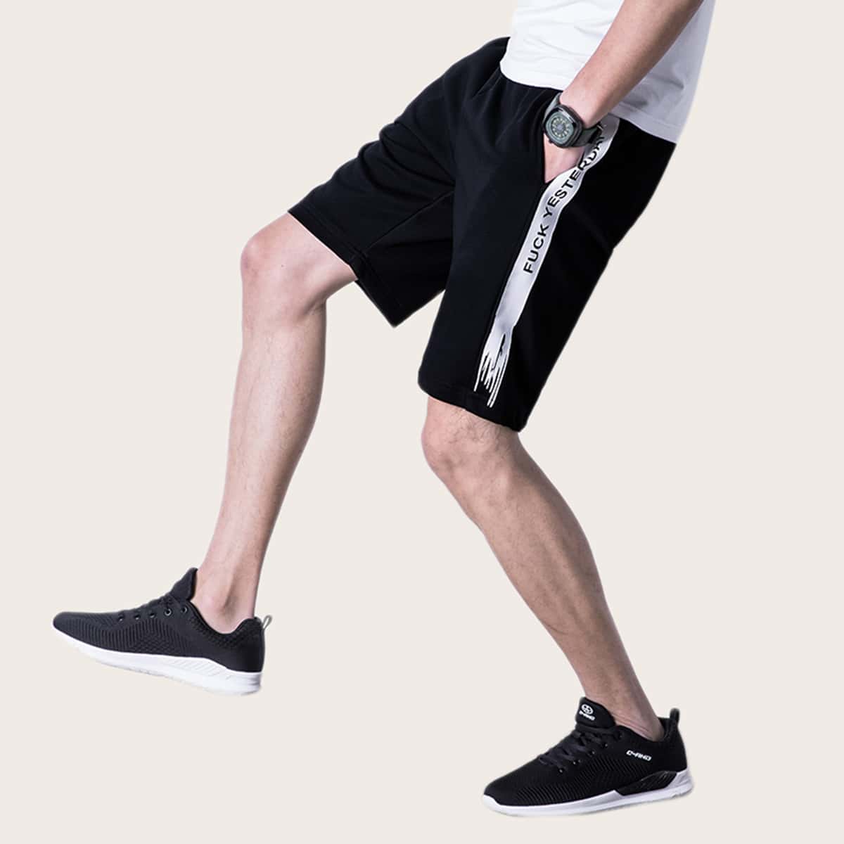 

Guys Letter Graphic Track Shorts, Black