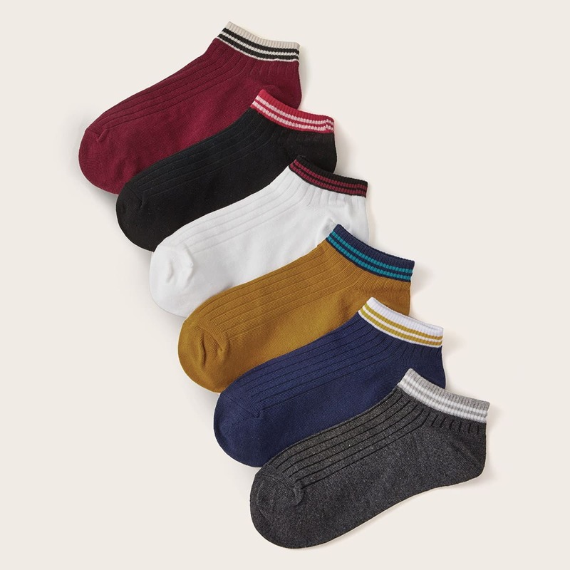

6pairs Ribbed Detail Striped Ankle Socks, Multicolor