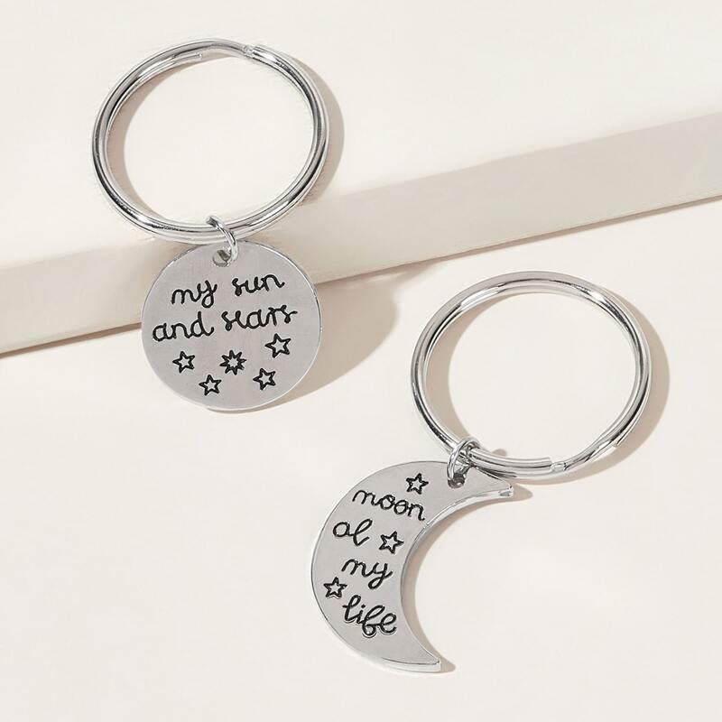 

2pcs Letter Engraved Moon & Round Charm Keychain, Silver