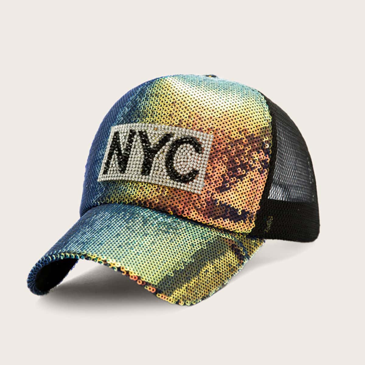 

Rhinestone Engraved Sequins Decor Mesh Panel Baseball Cap, Multicolor