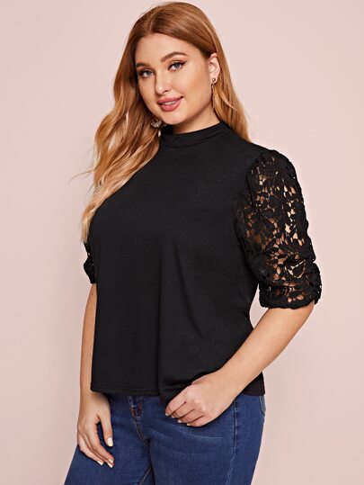 Plus Mock Neck Contrast Lace Tee