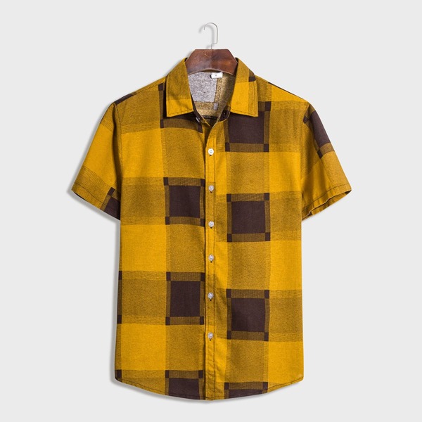 

Men Random Plaid Button Up Shirt, Yellow