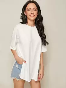 SHEIN Essnce Drop Shoulder Split Side Oversized Longline Tee - White - View 3