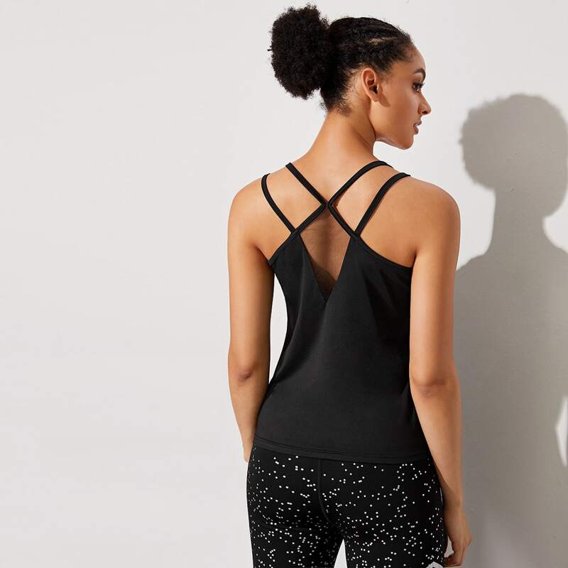 

Strappy Mesh Panel Solid Sports Tee, Black