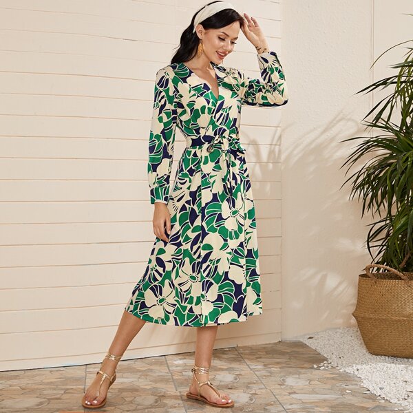 

V-neck Floral Print Belted Wrap Dress, Multicolor